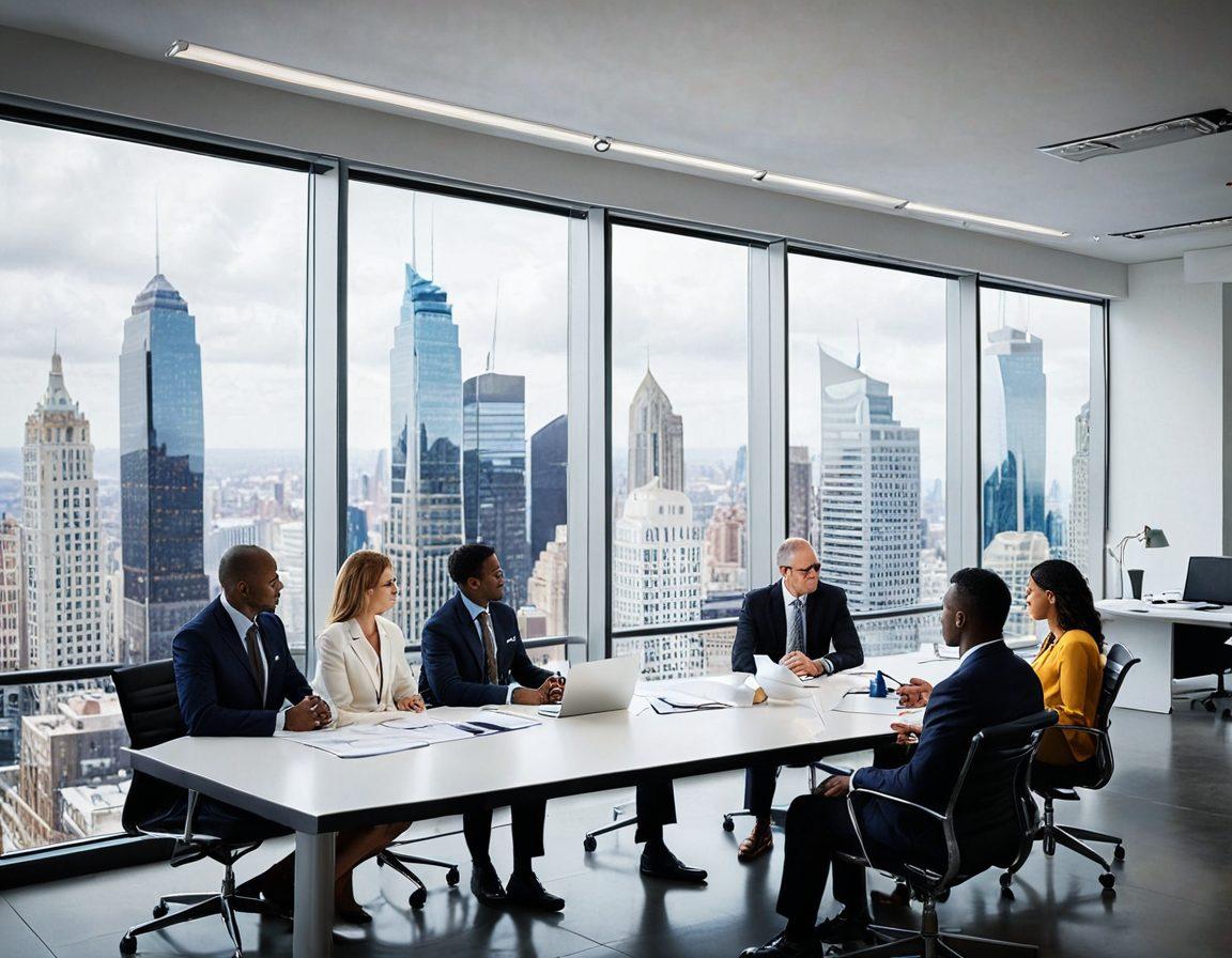 A diverse group of people examining various insurance documents and charts in a modern office space, with visual elements like calculators, budgets, and charts illustrating different insurance plans. The background should include a large window showing a vibrant city skyline. Add a clear display of 'Finding the Best Insurance Plans' in stylish typography. super-realistic. vibrant colors. white background.