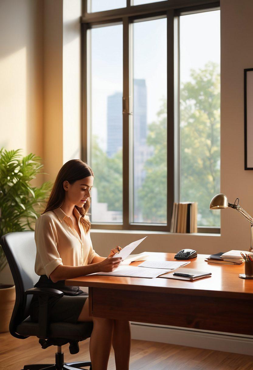 A serene office environment with a confident professional reviewing insurance documents, surrounded by visual elements like a shield representing protection, a calculator for financial calculations, and icons of various insurance types (like health, auto, and home) floating in the air. Soft natural light streaming through a window, symbolizing peace of mind. super-realistic. vibrant colors. clean background.