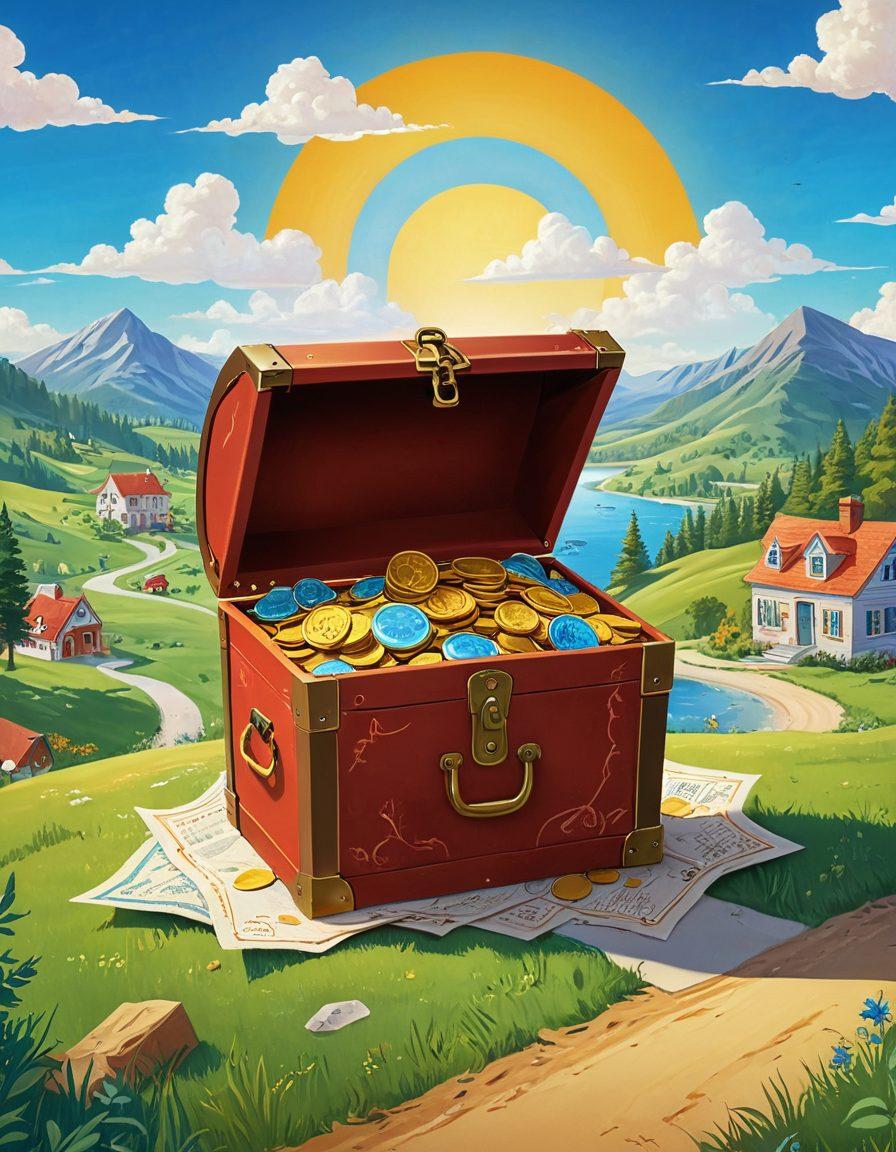 A playful treasure chest overflowing with golden coins and glowing insurance policy documents, set against a vibrant backdrop of a sunny landscape. Include a quirky map leading to affordable insurance options and coverage secrets, with animated icons of homes, cars, and health symbols around. The style should be bright and inviting, showcasing a sense of adventure in finding the right insurance plan. digital illustration. bright colors. whimsical style.